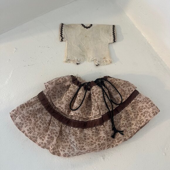 Vintage Doll Outfit Skirt & Jacket Vest & Farmer Hat w/ Flowers Beige & Brown - Picture 6 of 11